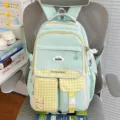 Cartable d'école mignon vert menthe et à carreaux jaunes pour filles, grand sac à dos décontracté. - Vert (Avec Pendentif)