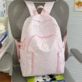Pink polka dot school backpack for teen girls with cute bunny patch, stylish casual daypack. - No Pendant / Pink