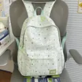 Fog green star print backpack, casual school travel daypack with front pocket for girls. - No Pendant / Green