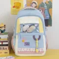 Cute Japanese style canvas backpack with clear window, large capacity school bag for girls. - Add 2 Candies / Blue