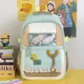 Mint green Japanese ins style canvas school backpack with clear front pocket and lace trim. - Add 2 Candies / Green