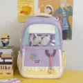 Cute large capacity ita bag backpack with transparent pocket, lace trim, color block daily school bag. - Add 2 Candies / Purple