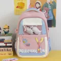 Cute Japanese style ins canvas school backpack with transparent pocket and pink blue color block. - Add 2 Candies / Pink