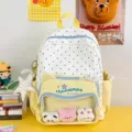 Cute white polka dot student backpack featuring yellow cat ears and clear front pocket. - With Star Pendant and Three Small Dolls / Yellow