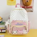 Cute polka dot canvas backpack for women and girls with cat ears transparent pocket ita bag. - With Star Pendant and Three Small Dolls / Pink