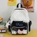 Cute cat ear polka dot backpack student school bag with transparent window cute ita bag. - With Star Pendant and Three Small Dolls / Black