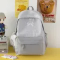 Sac à dos d'école à carreaux gris minimaliste avec nœud, grande capacité quotidien. - Avec Charme / Gris