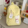 Yellow canvas backpack ita bag with transparent window cute plush rabbit pendant casual student daypack - With Note and Rabbit Pendant / Yellow