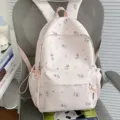 Pink cute cat print backpack, Korean style casual school bag for daily travel and students. - No Pendant / Pink