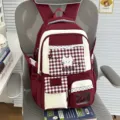 Korean style cute student backpack in red and white check with lace and cat embroidery. - No Pendant / Red