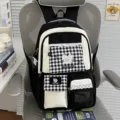 Black and white grid school backpack with cute cat embroidery, stylish student daypack - No Pendant / Black