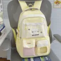 Zaino per studenti in stile coreano carino con ricamo di gatto a quadri e tasche - senza ciondolo / Giallo