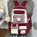 Zaino scolastico in stile preppy coreano con tasche a quadri e simpatico ricamo di gatto. - Con Ciondolo / Rosso