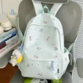 Cute mint green cat print backpack, casual school daypack with cute pendant for daily use. - With Charm / Green