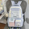 Zaino scolastico carino stile preppy coreano dopamina con motivo a quadri e ricamo di gatto. - Con Ciondolo / Blu