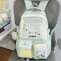 Zaino da studente carino in stile college coreano con motivo a quadri e tasche multiple. - Con Ciondolo / Verde