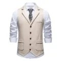 Men's vintage suede print suit vest with lapel, classic single-breasted waistcoat detail. - S / Tops / Off White
