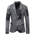 Men's retro patchwork tweed blazer jacket, stylish grey houndstooth and herringbone pattern. - M / Tops / Gray