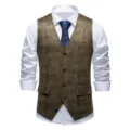 Men's vintage print suit vest waistcoat, classic single-breasted V-neck design for business casual. - S / Tops / Army Green