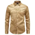 Close-up view of luxury gold crinkle texture and leaf pattern on men's fashion shirt. - S / Tops / Gold