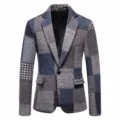 Stylish men's patchwork tweed blazer featuring classic houndstooth plaid patterns. - M / Tops / Navy Blue