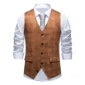 Men's retro suede print suit vest waistcoat casual business formal wear single button top - S / Tops / Coffee