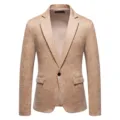 Detailed view of men's textured single button blazer coat, elegant pattern for stage. - M / Tops / Khaki