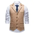 Men's vintage lapel suit vest featuring suede texture print, paired with a white dress shirt. - Khaki