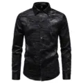 Close-up detail of black textured pleated long sleeve shirt fabric and lapel collar design. - S / Tops / Black