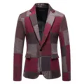 Men vintage patchwork tweed blazer slim fit casual wool suit jacket autumn winter coat - M / Tops / Red