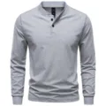 Men's casual long sleeve henley t-shirt cotton stretch slim fit grey top detail view - M / Tops / Light Gray