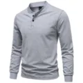 Men gray Henley long sleeve t-shirt detail, cotton stretch slim fit casual top view. - M / Tops / Dark Gray