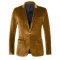 Golden velvet men blazer detail view, luxurious fabric texture, classic single button design. - Brown