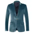 Close-up view of the teal velvet blazer lapel, single gold button detail, and fine fabric texture. - Denim Blue