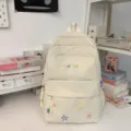 Beige casual student backpack with multi-color embroidery and large capacity for daily travel. - No Pendant / L / Off White
