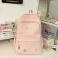 Pink school backpack for women large capacity casual cute bookbag with cute star embroidery - No Pendant / L / Pink