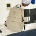 Korean style striped casual backpack for women, lightweight canvas school bag for daily college commute. - L / No Pendant / Khaki