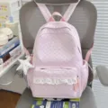 Pink star print cute school backpack for students, sweet preppy style casual daypack. - With Charm / Pink