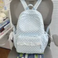 Light blue star print canvas backpack with ruffles, cute Korean style school bag for students. - With Charm / Blue
