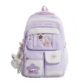 Cute purple star print school backpack with multi pockets and plush pendant for student girls. - Backpack / Pink