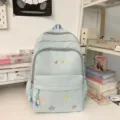 Light blue casual school backpack with colorful embroidery and star patches for daily travel. - No Pendant / S / Blue