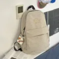 Minimalist beige checkered backpack, casual student schoolbag, lightweight daily daypack. - L / With Charm / Khaki