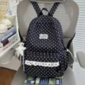 Korean INS star backpack, cute student school bag in black with white stars and lace pocket. - With Charm / Black
