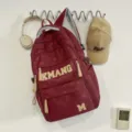 Wine red student backpack with letter patch, stylish casual large capacity daily school bag. - No Pendant / Red