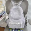 Grey star pattern student backpack, cute school bag with lace front pocket and star pendant. - With Charm / Gray
