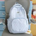 Light blue printed striped backpack with large capacity, casual school bag for daily commuting. - No Pendant / Blue