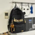 Vintage letter student backpack casual black large capacity travel bag for men and women - With Charm / Black