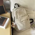 Casual striped canvas backpack for women, cute Korean style school bag with plush pendant. - S / With Charm / Khaki