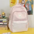 Cute pink polka dot backpack with bunny patch and stripes large capacity casual school bag for women - No Pendant / Pink