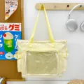 Yellow canvas itabag with clear window and lace trim, cute casual shoulder tote bag. - Yellow (Without Pearl Lace Pendant)